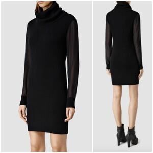 ALLSAINTS Milo Funnel Turtleneck Black Dress Wool & Cashmere Sheer Sleeves Sz 4